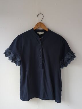 Six Ames Sally Cotton Crochet Sleeve Popover Blouse Button-up Navy Size 38